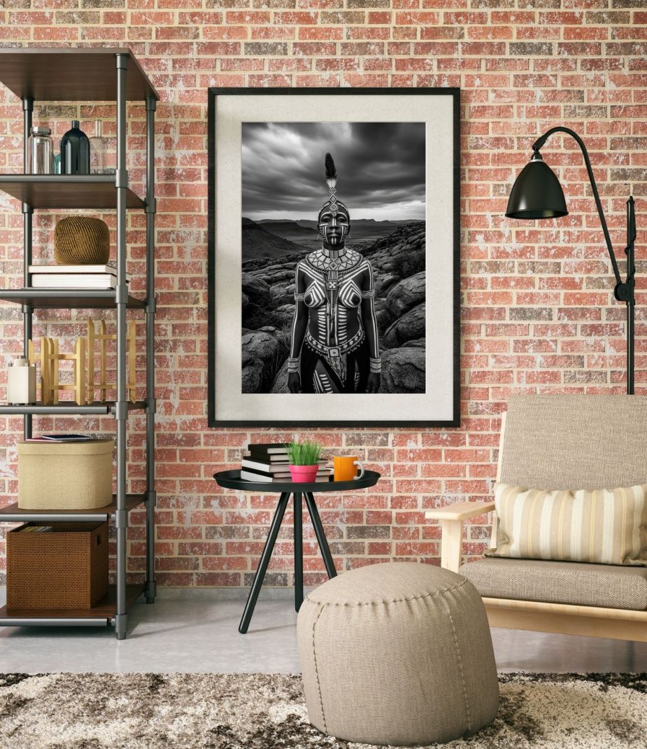 khoisan woman black and white stormy portrait living room with brick wall