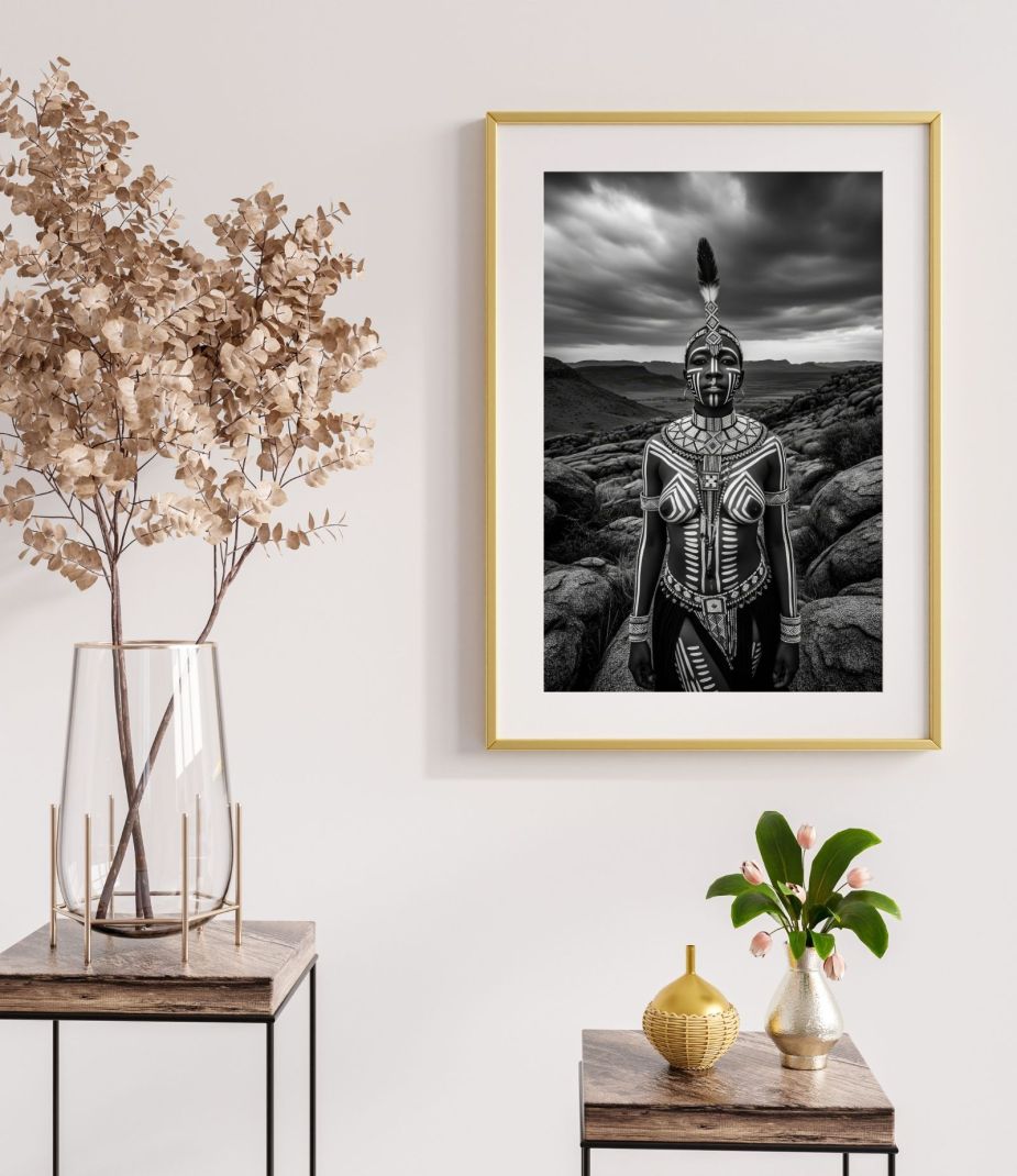 khoisan woman black and white stormy portrait hallway