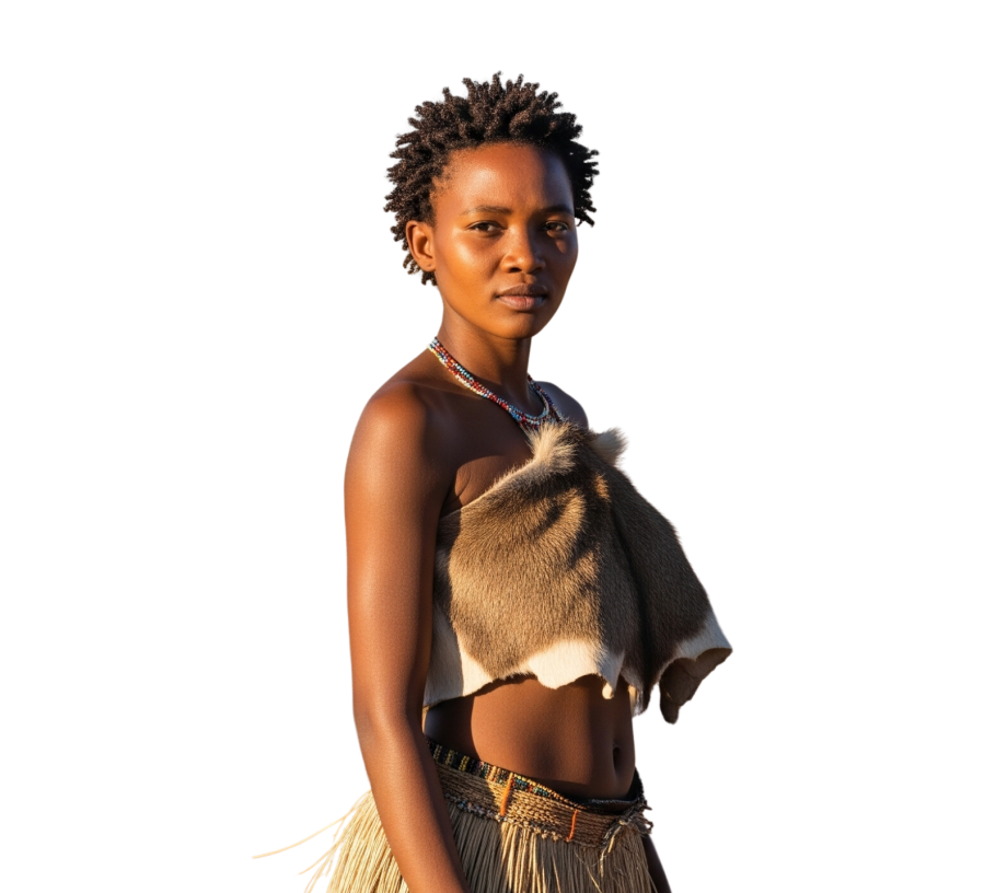 Young Khoisan woman in cowhide top and grass skirt