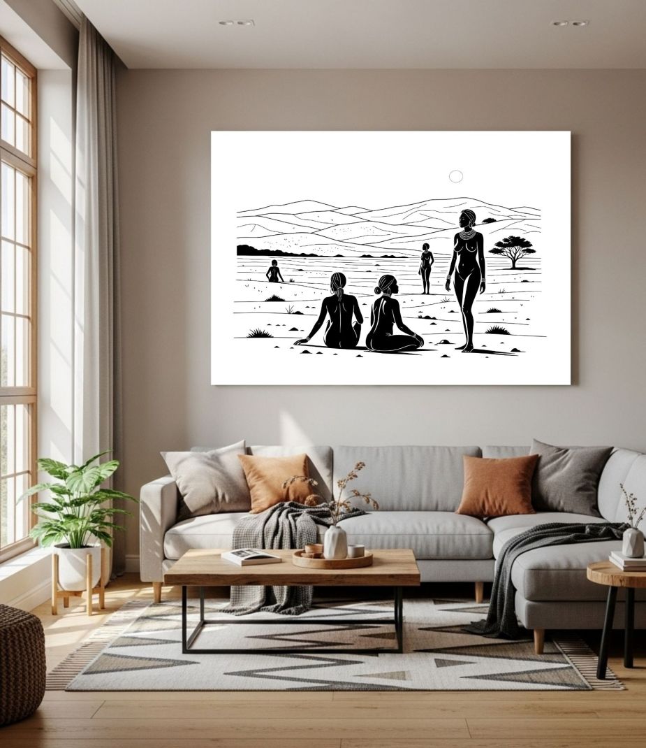 Black and white digital line art of African women figures standing and sitting in a vast savanna landscape silhouette.