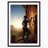 Digital art print of Khoisan woman painting San rock art on a cliff face at sunrise, African tribal wall decor.