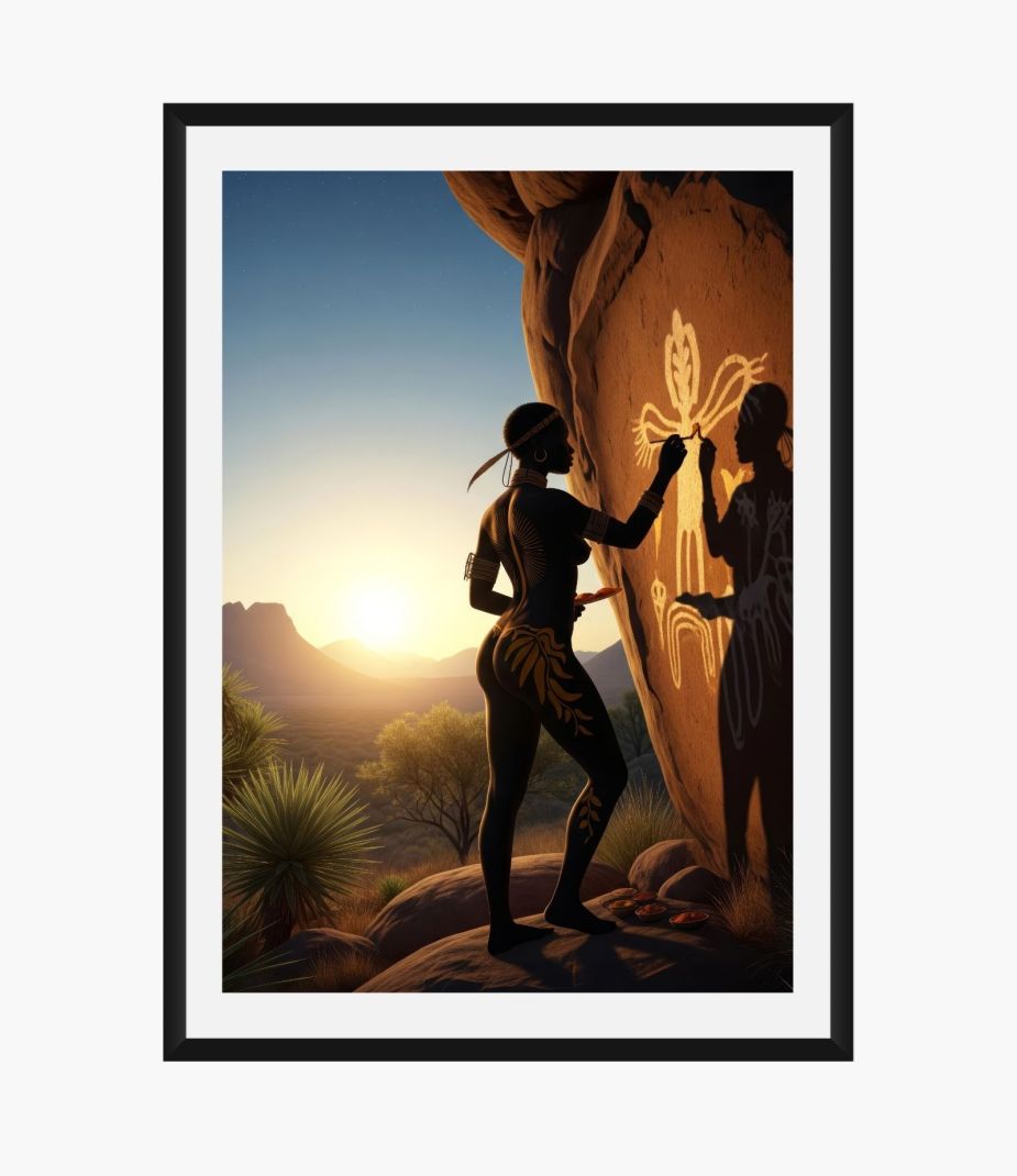 Digital art print of Khoisan woman painting San rock art on a cliff face at sunrise, African tribal wall decor.