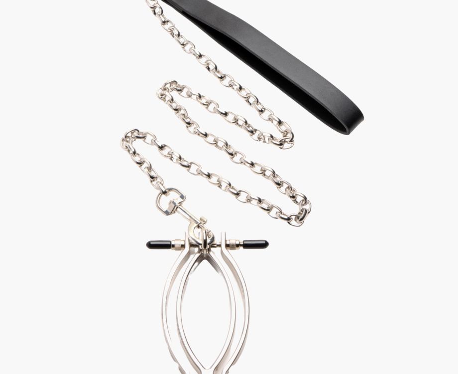 Adjustable Labia Clamp with Leash – Iron Clasp & PU Handle for Sensual Tugging Play