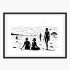 Black and white digital line art of African women figures standing and sitting in a vast savanna landscape silhouette.
