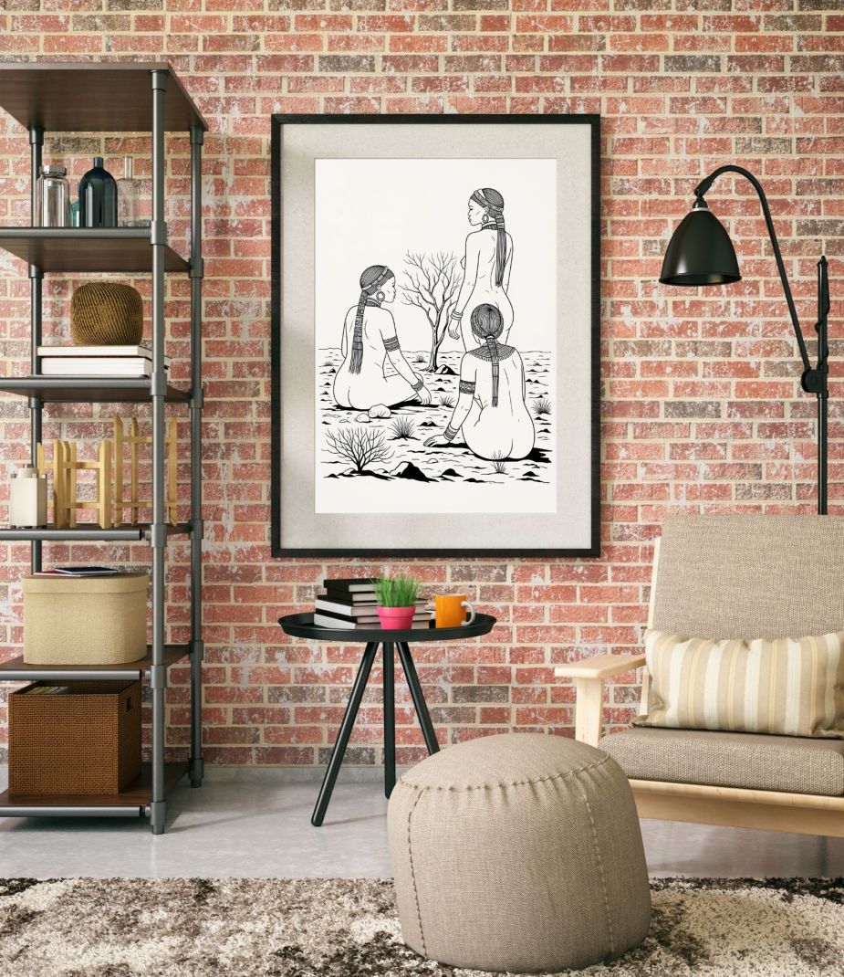 Black and white digital line art illustration of three African women sitting in a sparse desert landscape, suitable for an adult coloring page.