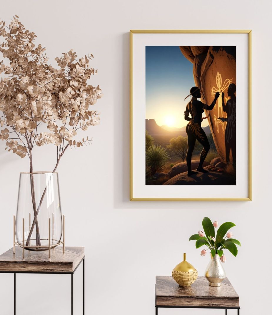 Digital art print of Khoisan woman painting San rock art on a cliff face at sunrise, African tribal wall decor.