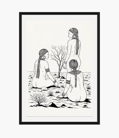 Black and white digital line art illustration of three African women sitting in a sparse desert landscape, suitable for an adult coloring page.