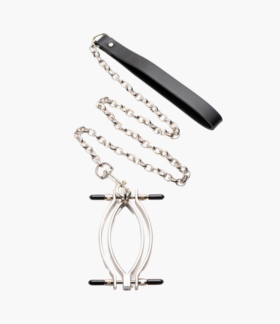 Adjustable Labia Clamp with Leash – Iron Clasp & PU Handle for Sensual Tugging Play