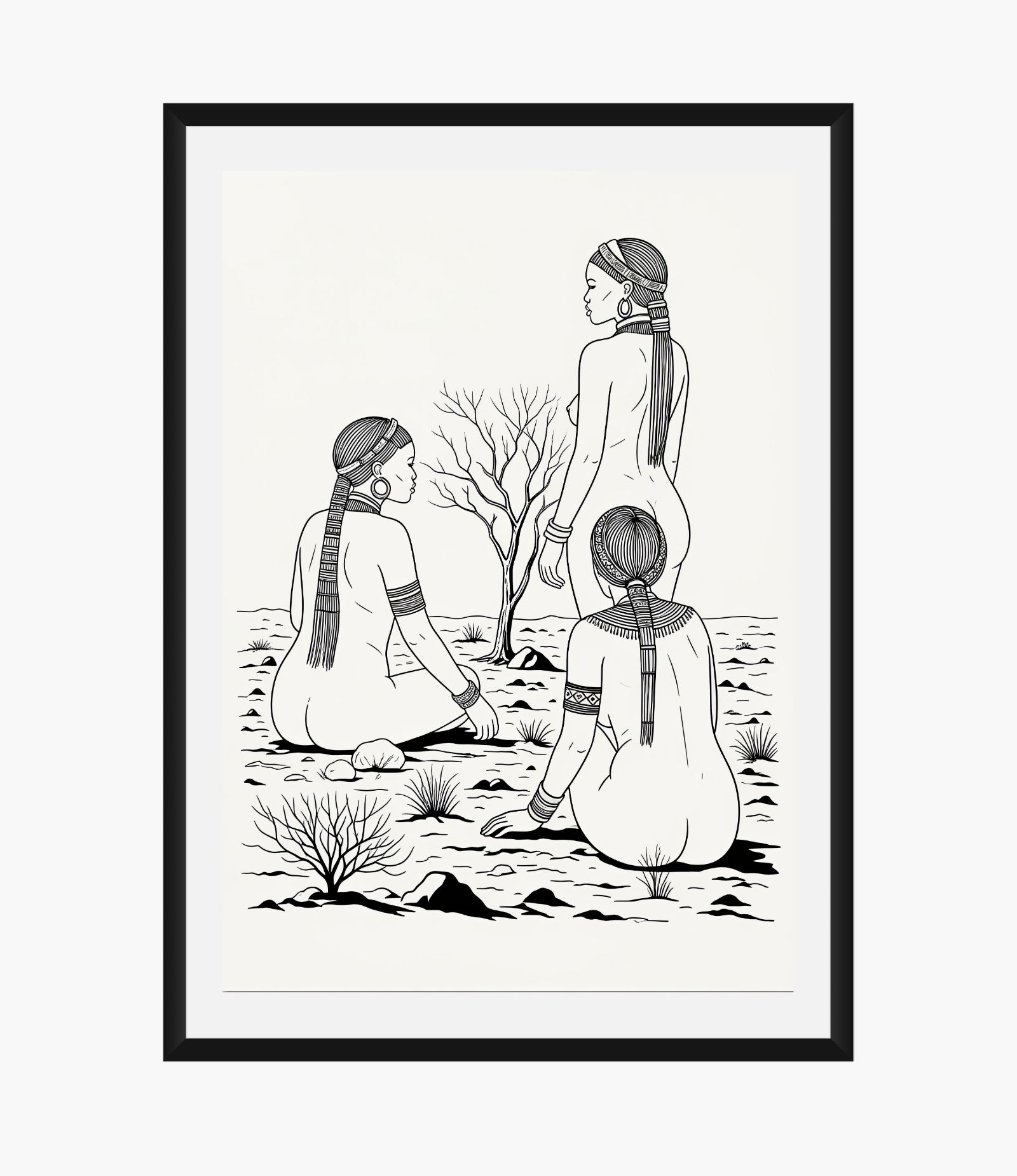 Black and white digital line art illustration of three African women sitting in a sparse desert landscape, suitable for an adult coloring page.