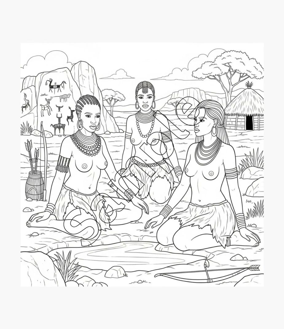 Image showing khoisan women sitting around a water hole and traditional rock paintings in the background