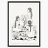 Black and white digital line art illustration of three African women sitting in a sparse desert landscape, suitable for an adult coloring page.