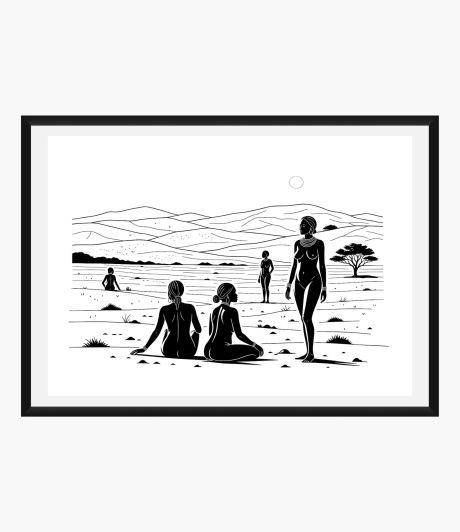 Black and white digital line art of African women figures standing and sitting in a vast savanna landscape silhouette.