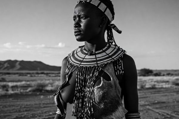 Black and white photo of a Khoisan woman gazing into the distance, capturing the essence of tradition, resilience, and the preservation of cultural heritage.
