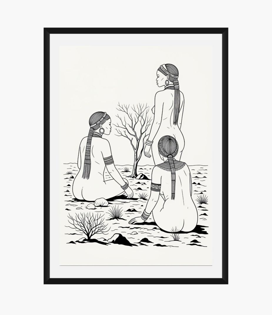 Black and white digital line art illustration of three African women sitting in a sparse desert landscape, suitable for an adult coloring page.
