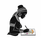 Khoisan woman coloring a book