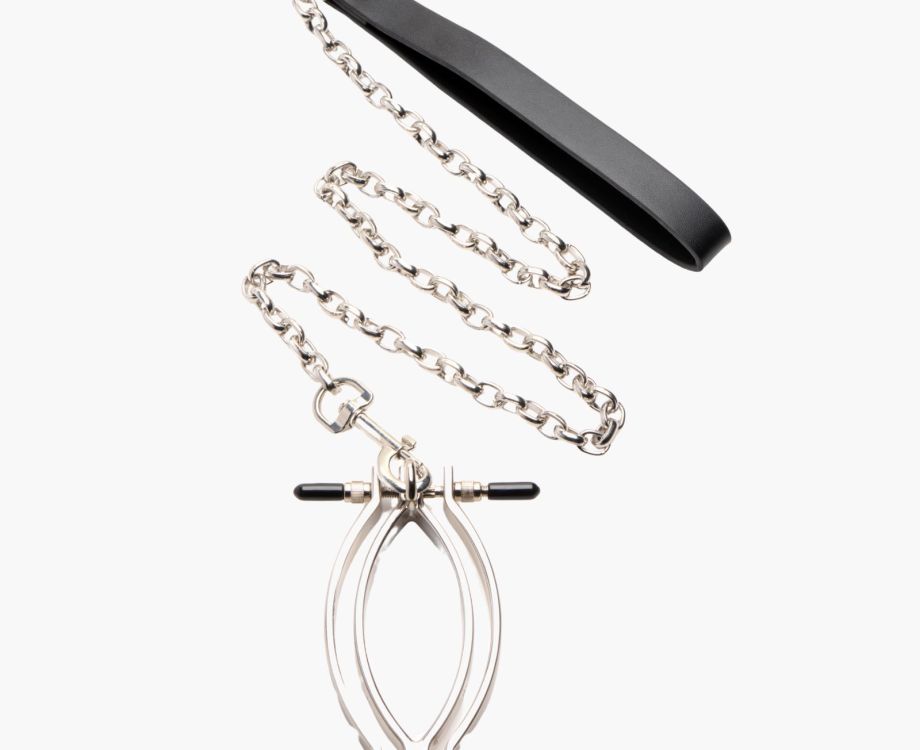 Adjustable Labia Clamp with Leash &ndash; Iron Clasp & PU Handle for Sensual Tugging Play