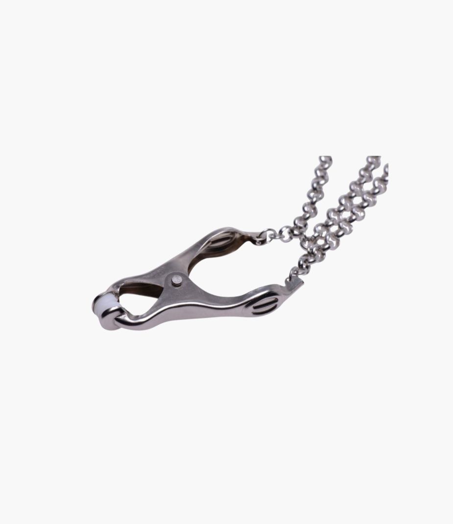 Affix triple labia and nipple stretching clamps