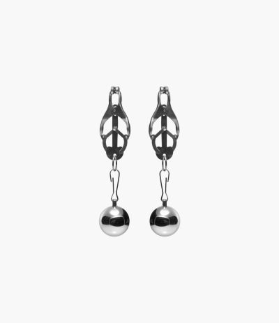 Labia stretching gear featuring two weights hanging from clamps