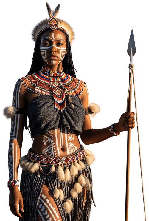 Beautiful Khoisan woman in traditional loincloth, body paint, and headdress, holding a spear.