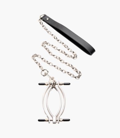 Adjustable Labia Clamp with Leash &ndash; Iron Clasp & PU Handle for Sensual Tugging Play