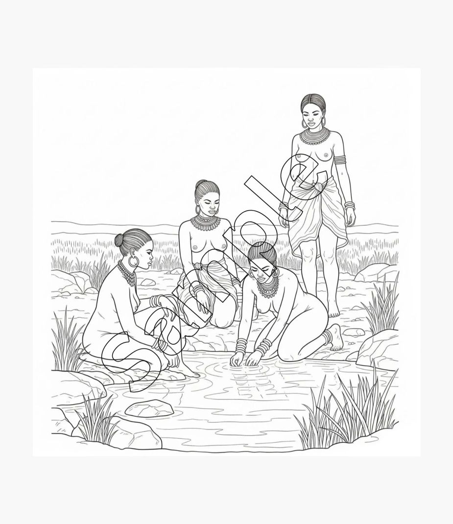 image shows khoisan women taking a bath in a near watering hole