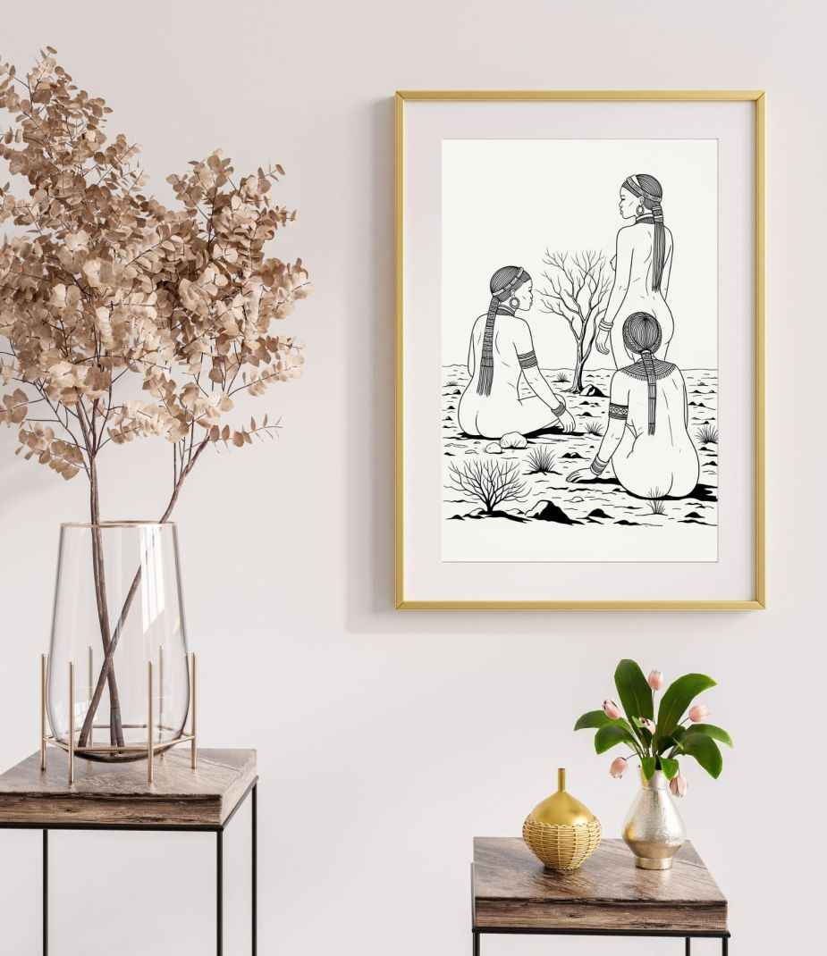 Black and white digital line art illustration of three African women sitting in a sparse desert landscape, suitable for an adult coloring page.